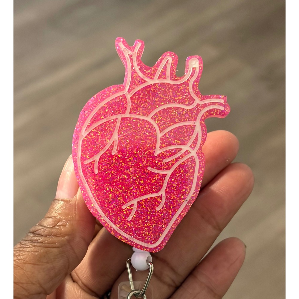 Anatomical Heart Pink Glitter Retractable Badge Reel ID Holder Nurse Medical